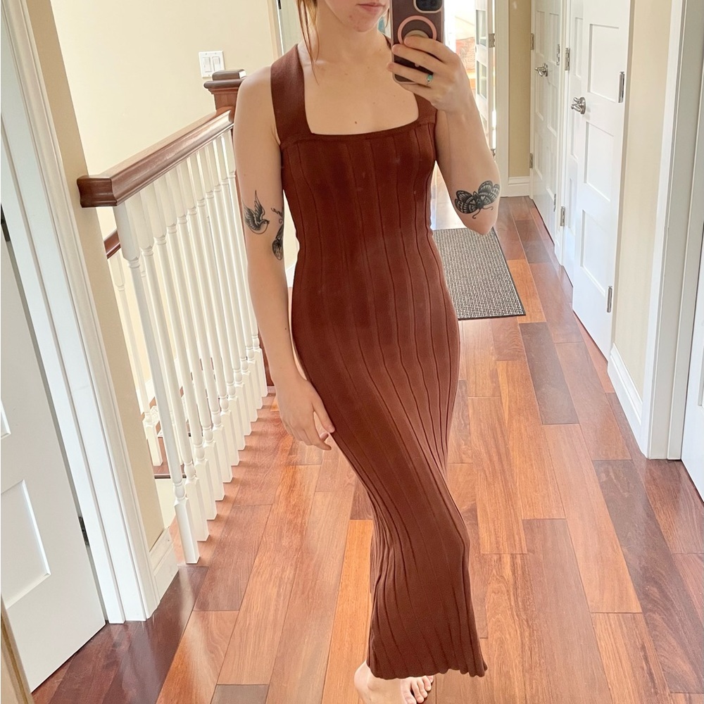 Sancia Brown Ribbed Bodycon Maxi Dress Sleeveless Cross Back Straps Size XS